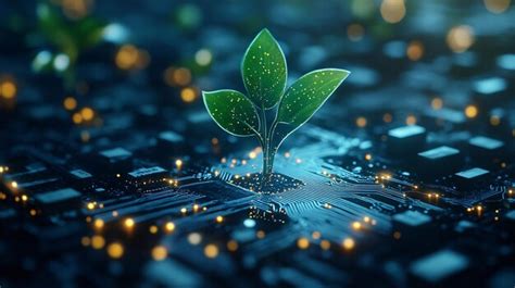 Futuristic computer motherboard with a green plant growing representing ...