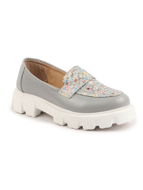 Shop Women Grey Stiched Floral Print Party Slip On Shoes Online