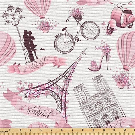 Ambesonne Paris Fabric by The Yard Valentines Day Theme with Eiffel ...