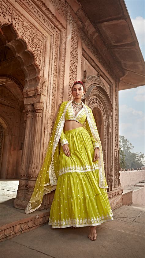 Neon Green Triangle Lehenga with Embroidered Dupatta – Preevin