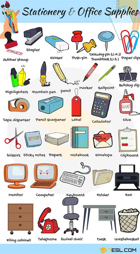 Office Supplies List in English • 7ESL