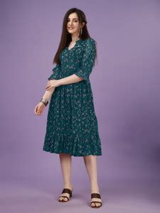 Fashion2wear Women Fit and Flare Light Blue Midi/Calf Length Dress ...