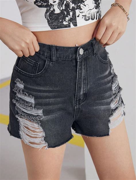 SHEIN Short en jean déchiré ample taille haute lavé unicolore Y2K pour ...