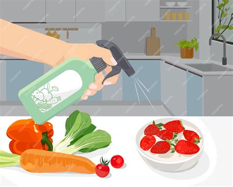 Hand holding vegetable cleaner spraying strawberries | Premium Vector