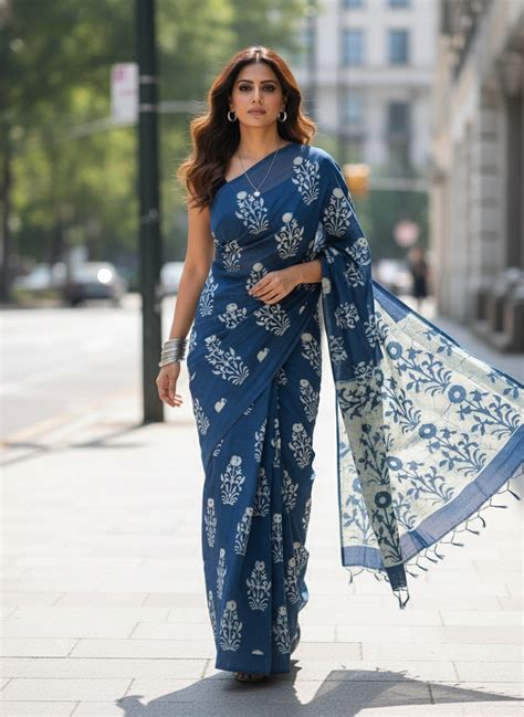 INDIGO BAGRU FLOWER MOTIF COTTON SAREE – TANTURI