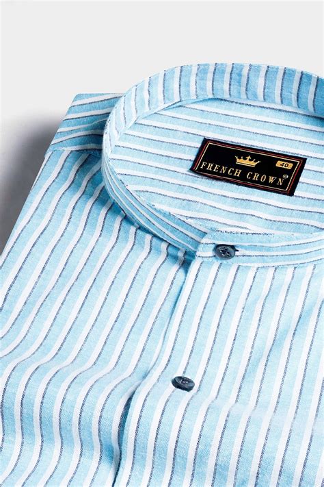 Blizzard Blue and White Casual Stripes Premium Linen Shirt For Men