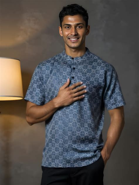 Men Cotton Short Length Printed Pocket Kurta Greyish Blue RH02