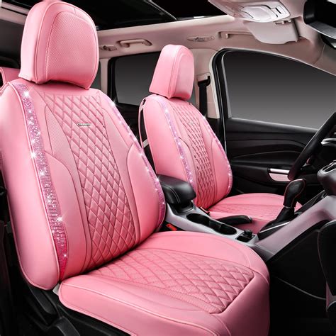 CAR PASS Pink Nappa Leather Bling Diamond Seat Covers Front Seats, Waterproof Heavy-Duty Anti ...