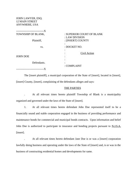 Civil Action Complaint - Blank Fillable Template | Fill Out, Print ...