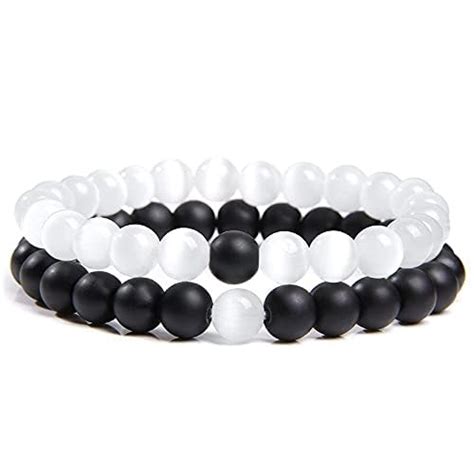 Buy MEENAZ Bracelet for Women Men Fashion White Black Beads 2 Couple ...