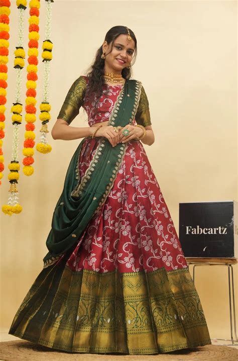 HemaValli Women's Woven Design zari work Half Saree with Embroidered B ...