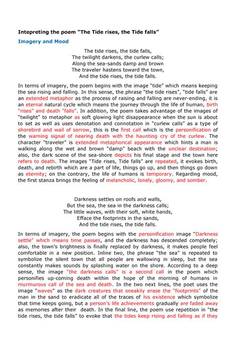 Interpreting The Tide Rises the Tide Falls - Intepreting the poem “The ...