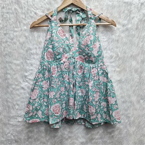 Aqua Green Floral Cotton Halter Neck Removable Padded Top – Westoraa