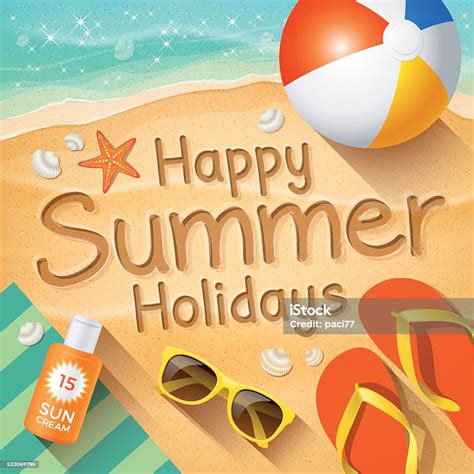 Summer Background With Text On Sand Happy Summer Holidays stock vector ...