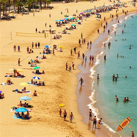 Sunny beach day with shells, umbrellas, and people enjoying pizza on ...