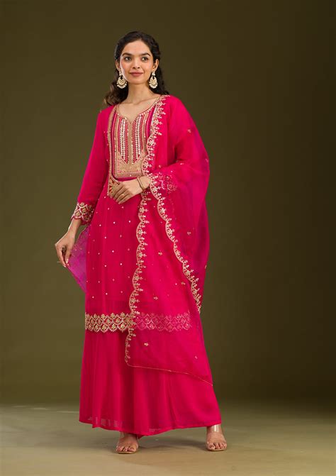 Buy Rani Pink Zariwork Semi Crepe Readymade Salwar Suit - Koskii