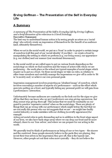 Erving Goffman - The Presentation of the Self in the Everyday Life - Summary - Erving Goffman ...