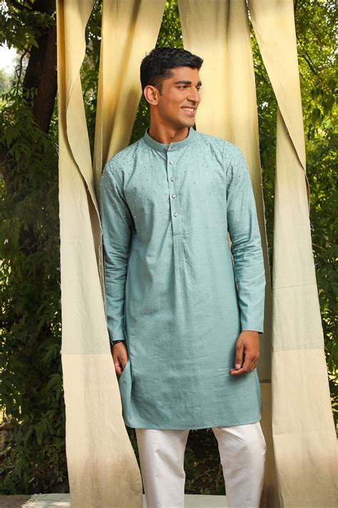 TEAL EMBROIDERED KHADI KURTA – Airavata Weaves and Textiles