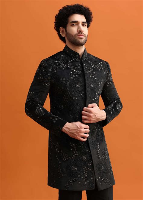 black hand embroidered velvet indowestern set for men-sg252455 4 ...