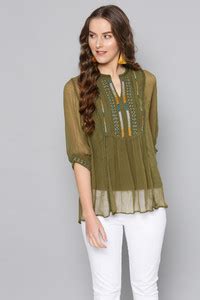 LABEL RITUKUMAR Casual 3/4 Sleeve Embroidered Women Green Top - Buy ...
