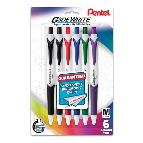 Pentel Pens, GlideWrite Ballpoint Pen with TechniFLO Ink - 6 colored ...
