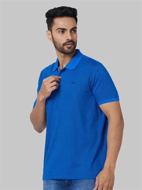 Men Blue Slim Fit Print Cotton Polyester Blend Round Neck Collar Polo ...