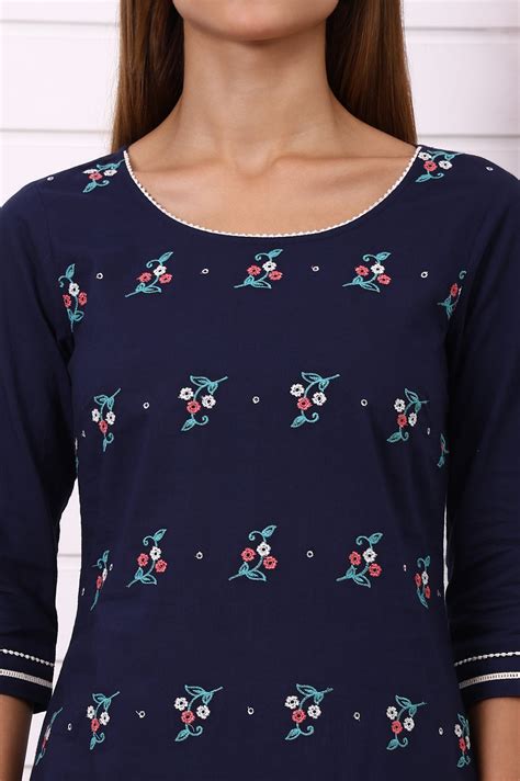 Buy Navy Blue Embroidered Pure Cotton Straight Kurta and Palazzo Co-ord ...