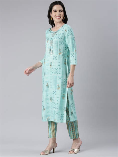 Neerus Women Sea Green Embroidered Calf Length Kurta And Trousers ...