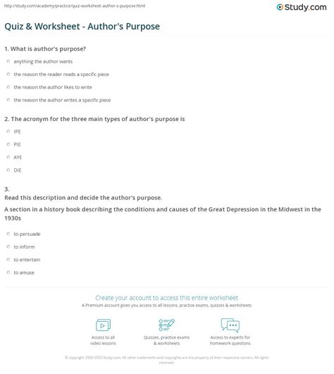 Quiz & Worksheet - Author's Purpose | Study.com