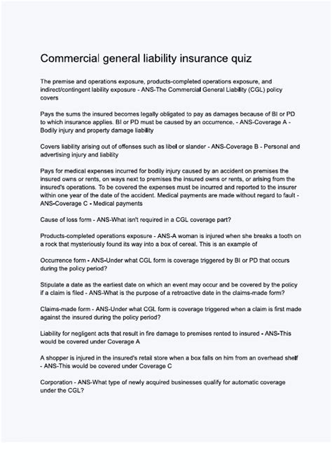 Commercial general liability insurance quiz Questions and Verified ...