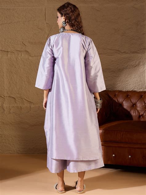 Light Mauve Silk V Neck Flared Kurta Set