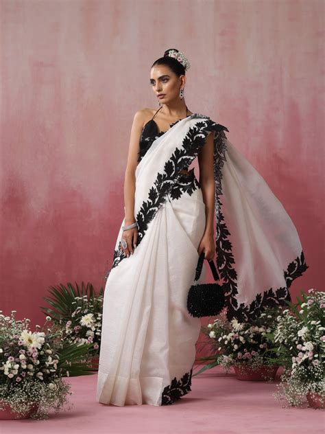 Buy Double Life White Gold Crushed Organza Saree with Sequin Blouse ...