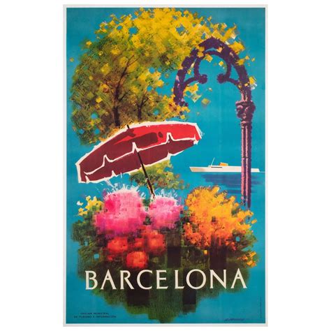Barcelona 1950s Spanish Travel Advertising Poster, Flowers, Ship in ...