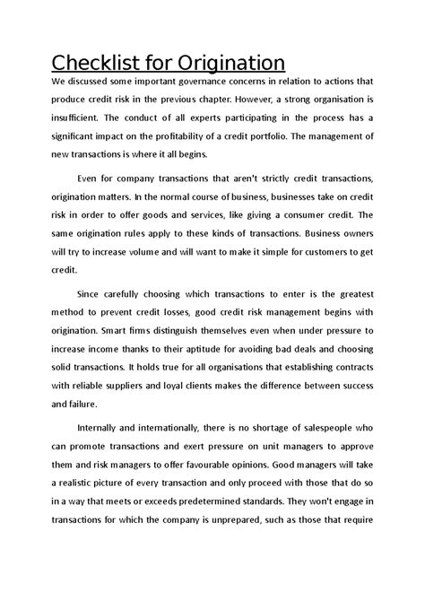 Checklist for Origination - However, a strong organisation is ...