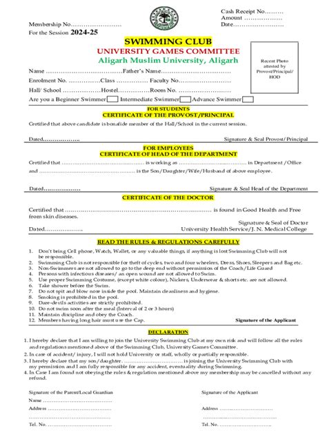 2024-2026 India Aligarh Muslim University Membership Form Swimming Club ...