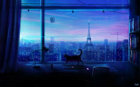 Download wallpaper 2560x1600 cat, art, window, city, view widescreen 16 ...