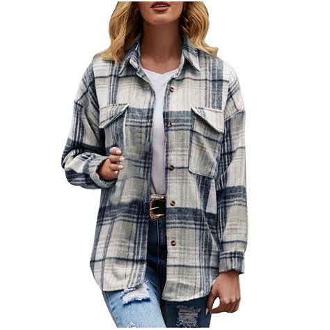 BLTIBY Womens Flannel Jacket Plaid Printed Button Down Long Sleeve ...