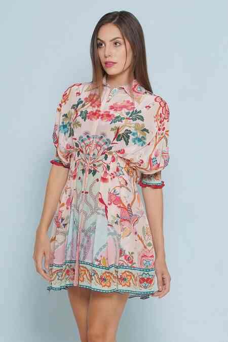 Buy White Crepe Shawl Neck Laurel Blossom Print Dress For Women by ...