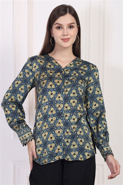 Buy Blue Abstract Printed Straight Modal Top Online for Woman | WforWoman