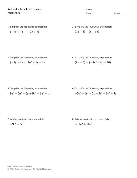 Image result for Subtracting Polynomials Worksheet