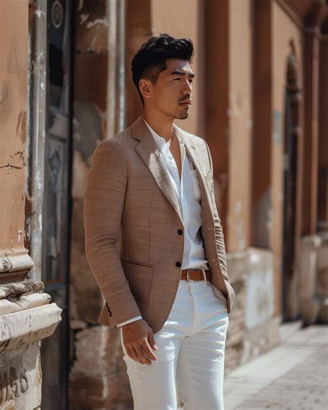 Dark Beige Blazer with White Pants | Hockerty
