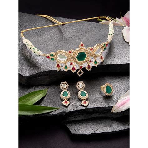 Buy Zaveri Pearls Green Pink Stone Multistrand Choker Necklace Earrings ...