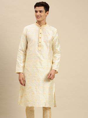 Buy Sanwara Men Cream Jacquard Woven Design Kurta Online