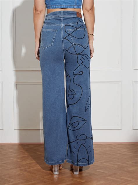 Hand-Painted Denims: Unraveled Faces Line Art Wide-Leg Jeans for Women