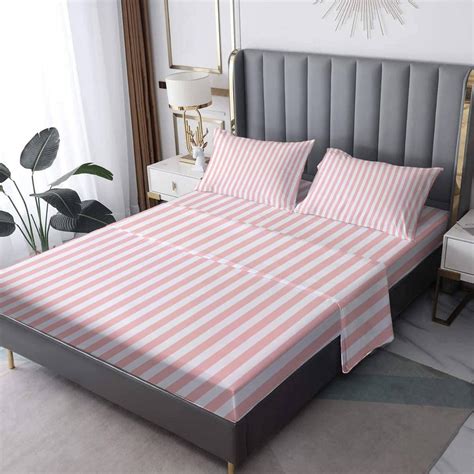 Amazon.com: zcsm Pink and White Striped Sheets Queen Size - Stripe Bed ...