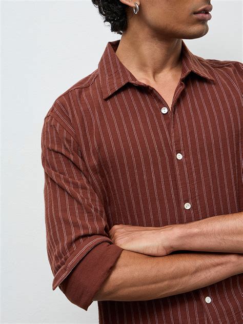 Buy ETA Brown Striped Relaxed-Fit Cotton Shirt from Westside