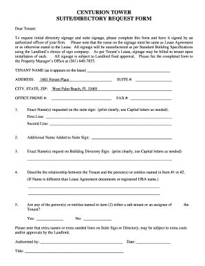 Fillable Online CENTURION TOWER SUITEDIRECTORY REQUEST FORM Fax Email ...