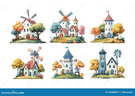 Old Windmills Cartoon Vector Scenes. Stone Wooden Timber Rock Tower Buildings Seed Grain ...