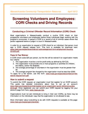 Fillable Online mass Screening Volunteers and Employees: CORI Checks ...
