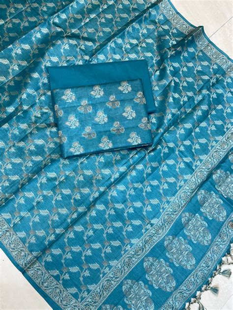 Pure Tussar Silk Banarasi Dress material | The Handlooms